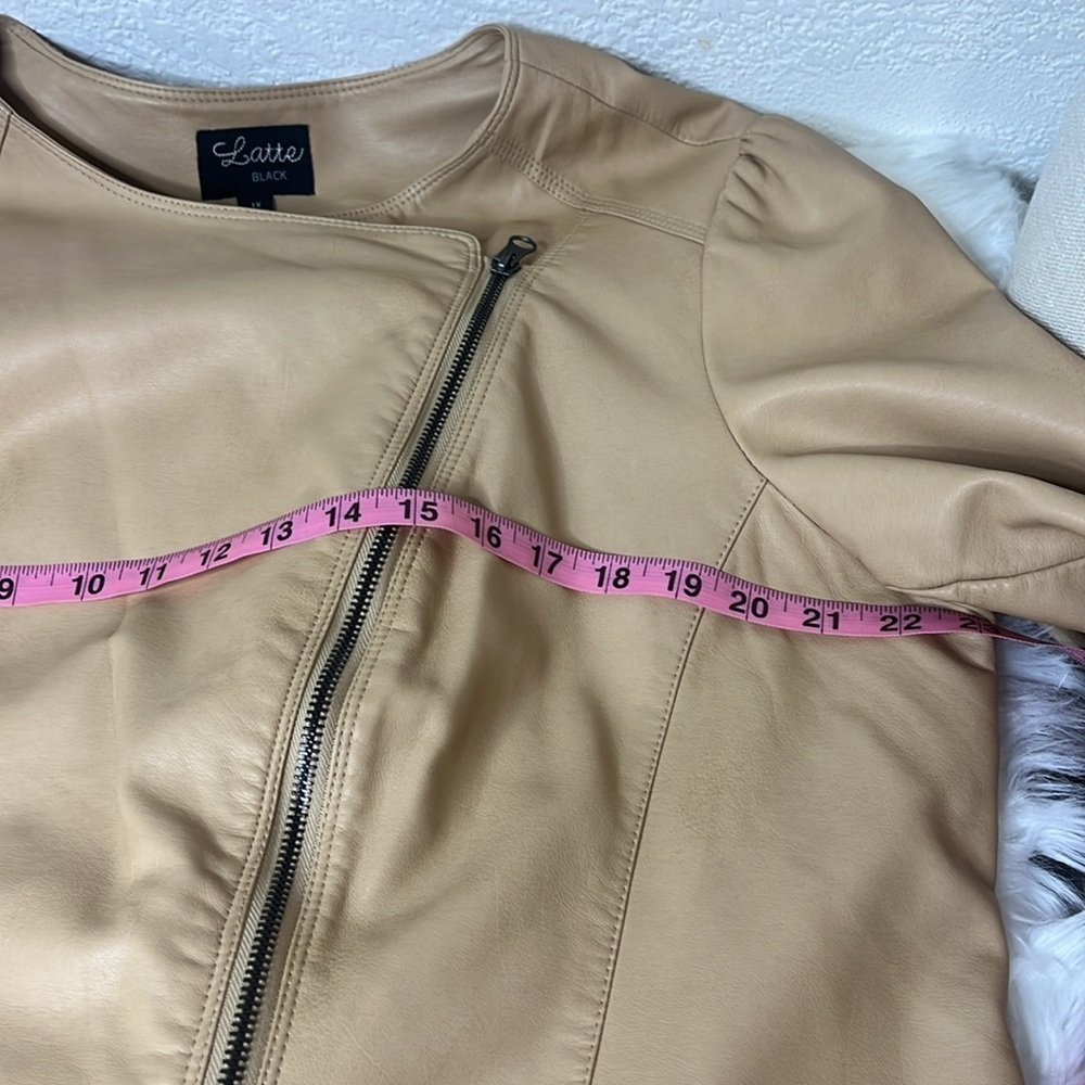 VEGAN LEATHER RUFFLED PEPLUM CAMEL COLORED MOTO STYLE JACKET - Picture 8 of 12